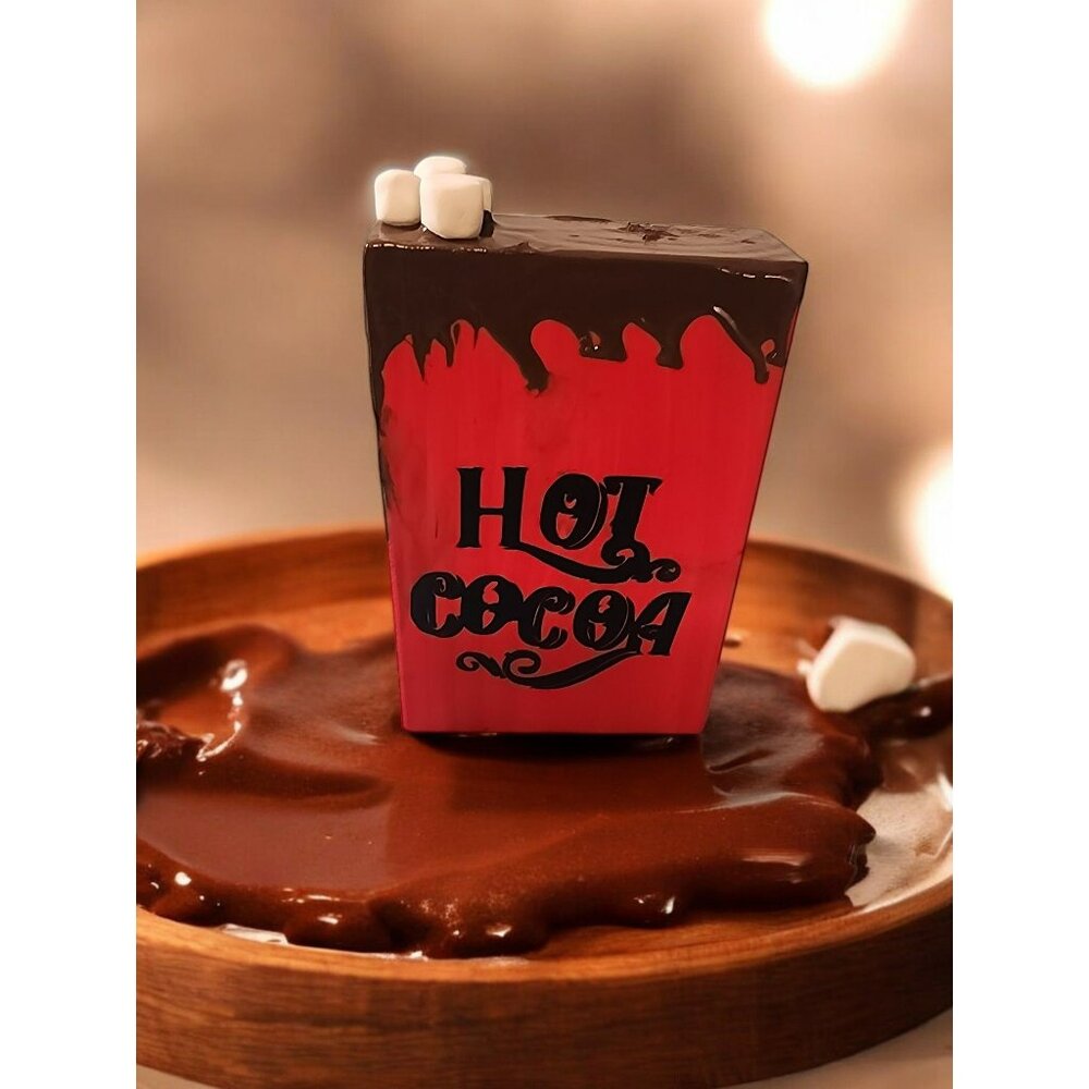 Hot Cocoa Wooden Block Decoration With Dripping Chocolate & Faux Marshmallows